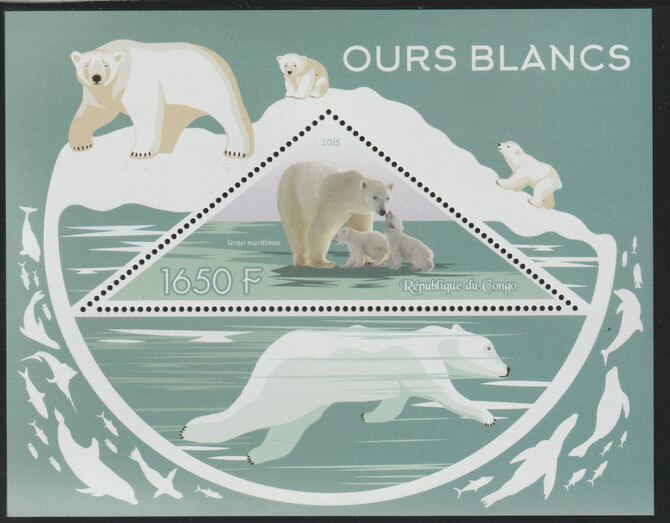 Congo 2015 Polar Bears perf deluxe sheet containing one triangular value unmounted mint, stamps on triangular, stamps on shaped, stamps on bears, stamps on polar
