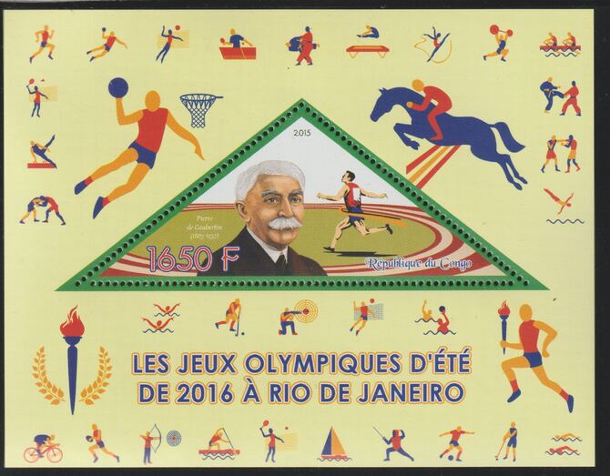 Congo 2015 Rio Olympic Games perf deluxe sheet containing one triangular value unmounted mint, stamps on triangular, stamps on shaped, stamps on olympics, stamps on sports, stamps on basketball, stamps on show jumping, stamps on archery, stamps on sailing, stamps on fencing, stamps on bicycles, stamps on wrestling, stamps on table tennis, stamps on weights