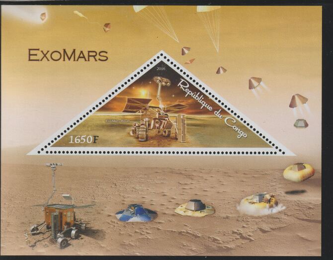 Congo 2016 ExoMars Space Mission perf deluxe sheet containing one triangular value unmounted mint, stamps on triangular, stamps on shaped, stamps on space