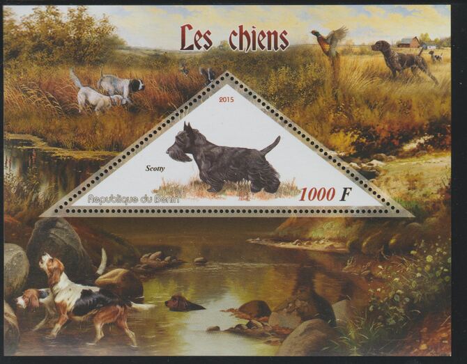 Benin 2015 Dogs perf deluxe sheet containing one triangular value unmounted mint, stamps on triangular, stamps on shaped, stamps on dogs