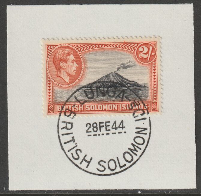Solomon Islands 1939 KG6 Pictorial 2s on piece cancelled with full strike of Madame Joseph forged postmark type 97, stamps on , stamps on  kg6 , stamps on forgeries, stamps on volcanoes