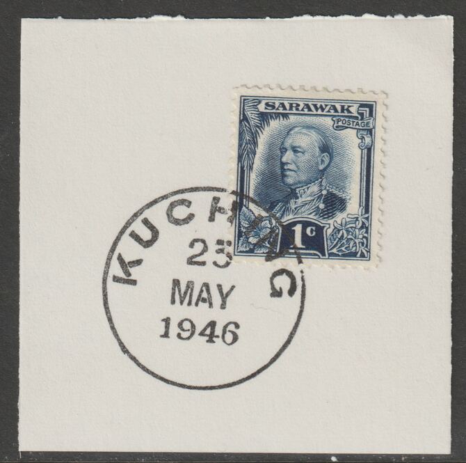 Sarawak 1932 Sir Charles Brooke 1c indigo on piece cancelled with full strike of Madame Joseph forged postmark type 378, stamps on , stamps on  kg5 , stamps on forgeries