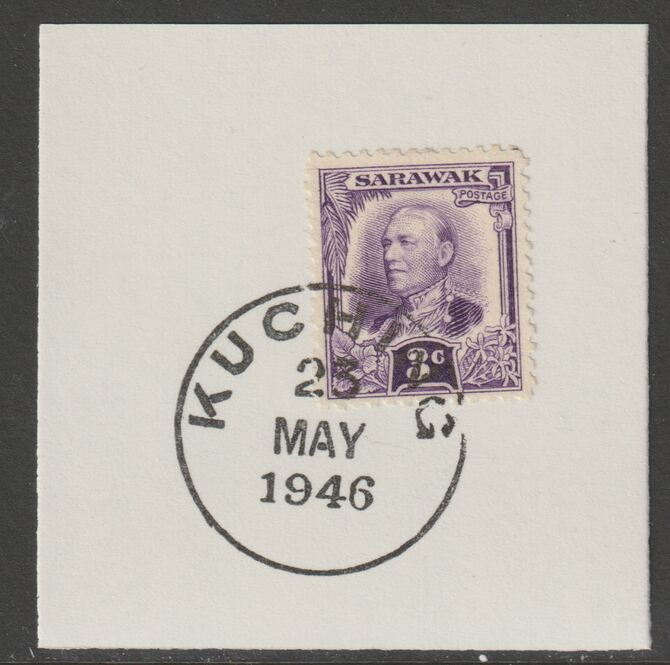 Sarawak 1932 Sir Charles Brooke 3c violet on piece cancelled with full strike of Madame Joseph forged postmark type 378, stamps on , stamps on  kg5 , stamps on forgeries