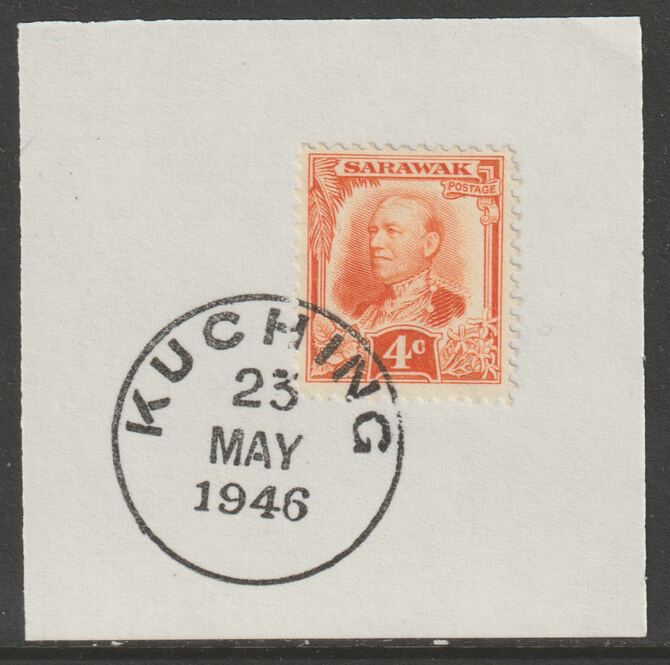 Sarawak 1932 Sir Charles Brooke 4c red-orange on piece cancelled with full strike of Madame Joseph forged postmark type 378, stamps on , stamps on  kg5 , stamps on forgeries