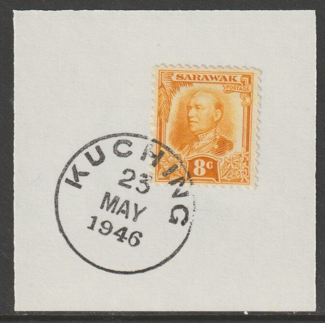 Sarawak 1932 Sir Charles Brooke 8c orange-yellow on piece cancelled with full strike of Madame Joseph forged postmark type 378, stamps on , stamps on  kg5 , stamps on forgeries