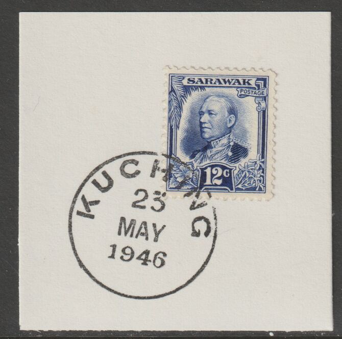 Sarawak 1932 Sir Charles Brooke 12c ultramarine on piece cancelled with full strike of Madame Joseph forged postmark type 378, stamps on , stamps on  kg5 , stamps on forgeries