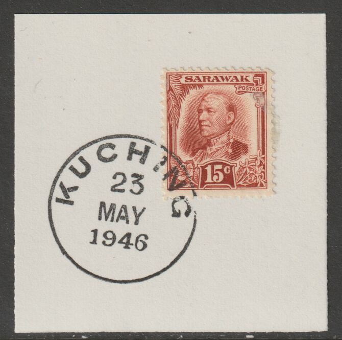 Sarawak 1932 Sir Charles Brooke 15c chestnut on piece cancelled with full strike of Madame Joseph forged postmark type 378, stamps on , stamps on  kg5 , stamps on forgeries