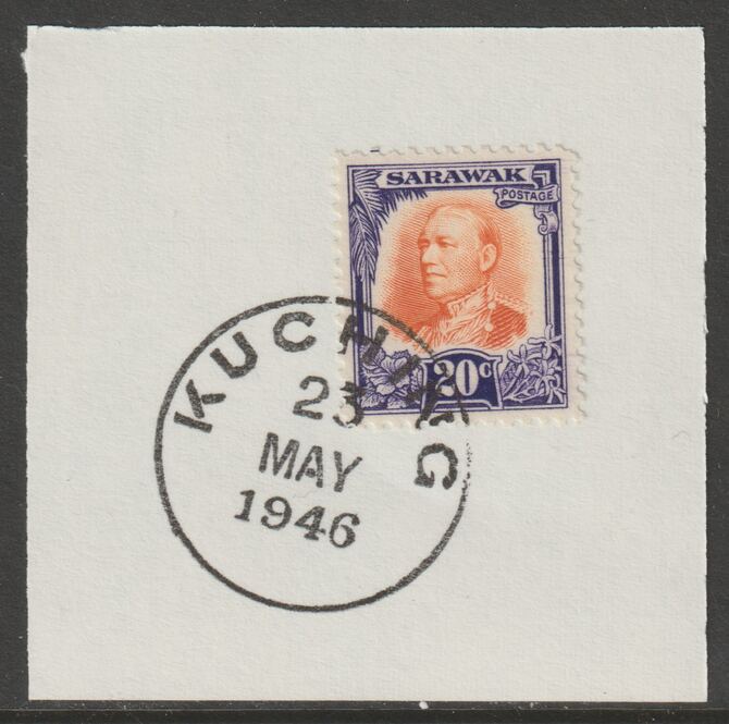 Sarawak 1932 Sir Charles Brooke 20c orange & violet on piece cancelled with full strike of Madame Joseph forged postmark type 378, stamps on , stamps on  kg5 , stamps on forgeries