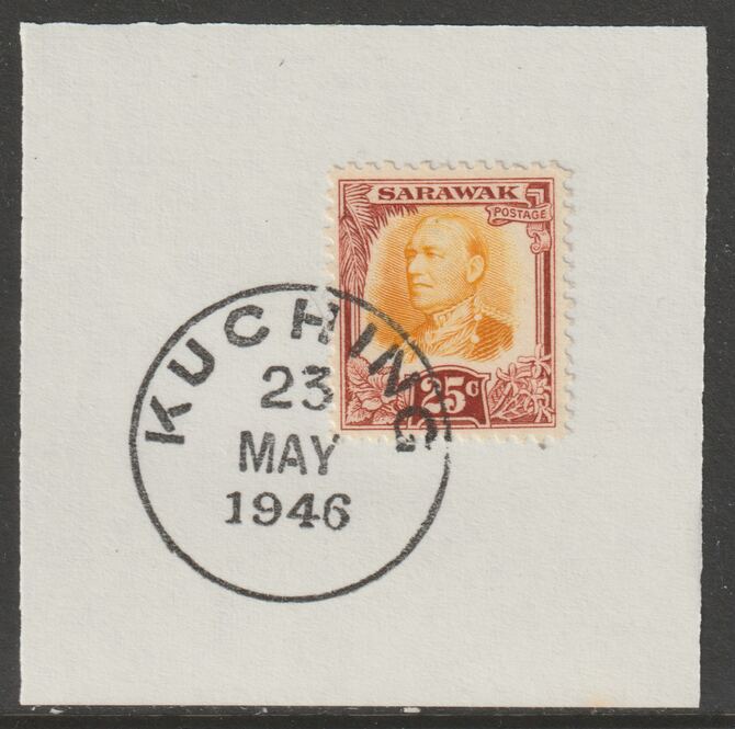 Sarawak 1932 Sir Charles Brooke 25c orange & chestnut on piece cancelled with full strike of Madame Joseph forged postmark type 378, stamps on , stamps on  kg5 , stamps on forgeries