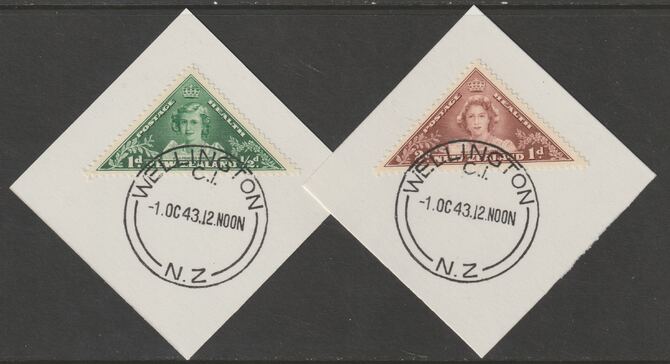 New Zealand 1943 Health - Princesses Triangular set of 2 (SG 636-37) on individual pieces each with full strike of Madame Joseph forged postmark type 290, stamps on children, stamps on  kg6 , stamps on forgery, stamps on royalty