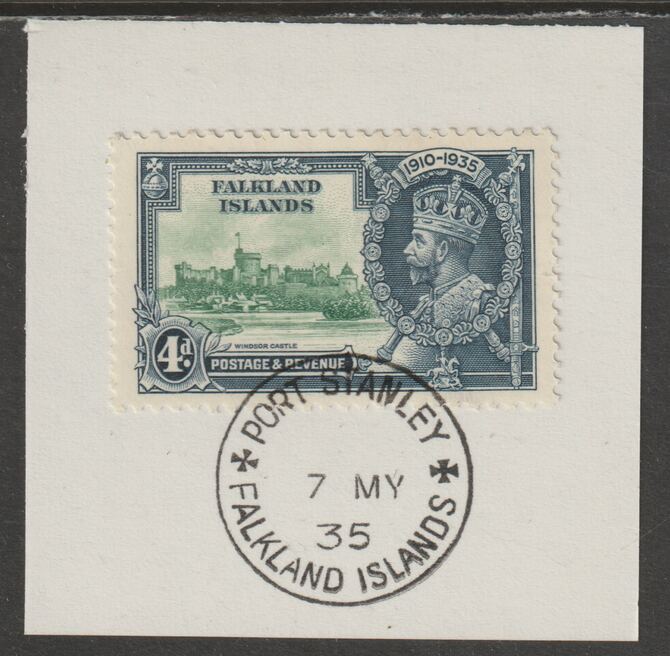 Falkland Islands 1935 KG5 Silver Jubilee 4d (SG 141) on piece with full strike of Madame Joseph forged postmark type 155 (Note the Broken Y but missing the  code letter 'dot', stamps on , stamps on  stamps on , stamps on  stamps on  kg5 , stamps on  stamps on silver jubilee, stamps on  stamps on castles , stamps on  stamps on forgery