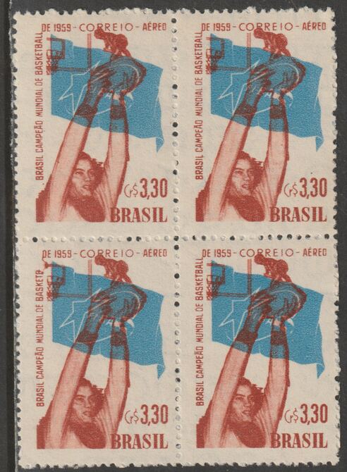 Brazil 1959 Basketball Championships 3c30 block of 4, one stamp with BASKETB error unmounted mint, SG 1003var, stamps on basketball