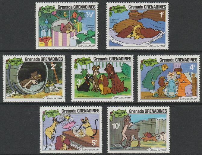 Grenada - Grenadines 1981 Christmas - Disneys The Lady & The Tramp short set of 7 values  to 10c unmounted mint, as SG 458-64, stamps on disney, stamps on cartoons, stamps on films, stamps on cinema, stamps on christmas, stamps on dogs