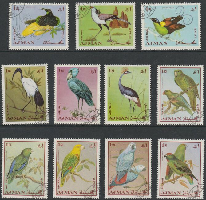 Ajman 1969 Birds complete perf set of 11 fine cds used, Mi  394-404, stamps on birds, stamps on parrots
