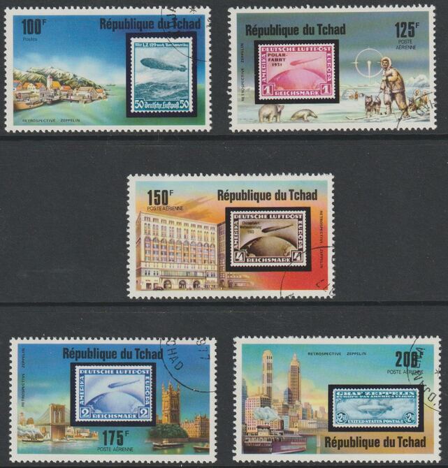 Chad 1977 Zeppelins (Stamp on Stamp) perf set of 5 fine cds used, stamps on zeppelins, stamps on aviation, stamps on stamp on stamp