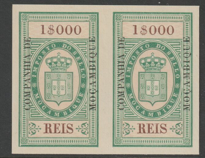 Mozambique Company 1892 Stamp Tax 1,000r imperf pair without gum, stamps on revewnues