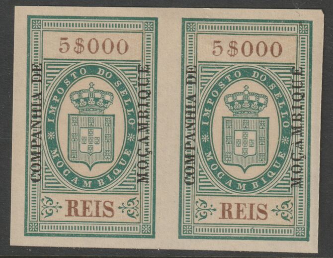 Mozambique Company 1892 Stamp Tax 5,000r imperf pair without gum, stamps on revewnues