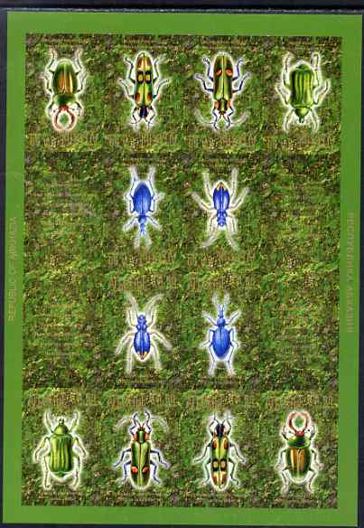 Abkhazia 1999 Beetles #1 imperf sheetlet of 16 containing 6 stamps & 2 labels arranged in Tete-beche format, unmounted mint, stamps on insects, stamps on beetles