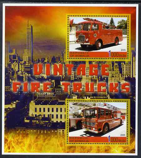 Somalia 2005 Vintage Fire Trucks #02 perf sheetlet containing 2 values unmounted mint. Note this item is privately produced and is offered purely on its thematic appeal, stamps on fire