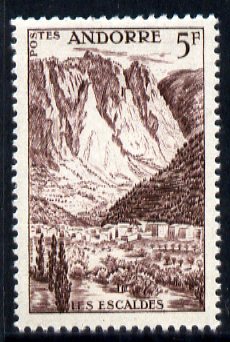 Andorra - French 1955-58 Les Escaldes 5f chocolate unmounted mint SG F147, stamps on mountains