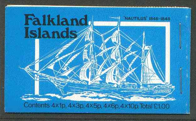 Falkland Islands 1979 Mailships Â£1 booklet (blue cover showing Nautilus & AES) complete, SG SB3, stamps on ships, stamps on 