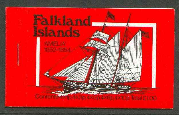 Falkland Islands 1980 Mailships Â£1 booklet (red cover showing Amelia & Merak-N) complete, SG SB4, stamps on ships, stamps on 