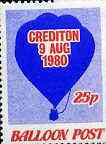 Great Britain 1980 Balloon Post 25p perf label inscribed Crediton 9 Aug 1980 (blocks & gutter pairs pro rata), stamps on balloons     aviation    cinderella