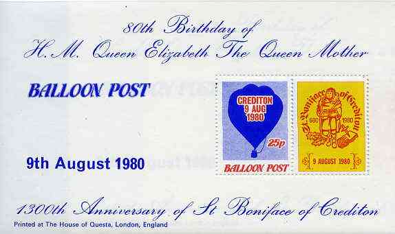 Cinderella - Great Britain 1980 Balloon Post 25p perf m/sheet commemorating the 80th Birthday of the Queen Mother unmounted mint, stamps on balloons, stamps on aviation, stamps on cinderella, stamps on royalty, stamps on queen mother