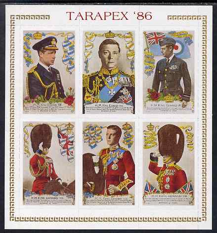 Cinderella - New Zealand 1986 Tarapex sheetlet containing 6 labels depicting King Edward VIII, rouletted unmounted mint, stamps on royalty, stamps on  ke8 , stamps on 