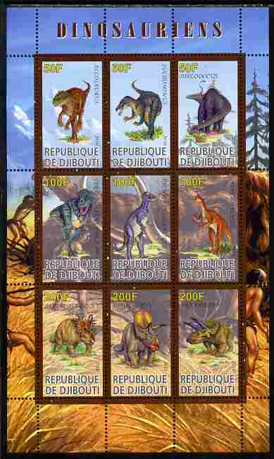 Djibouti 2010 Dinosaurs perf sheetlet containing 9 values unmounted mint, stamps on dinosaurs