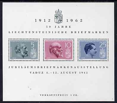 Liechtenstein 1962 Anniversary of First Postage Stamps m/sheet, SG MS 412a, Mi BL 6, stamps on stamp centenary