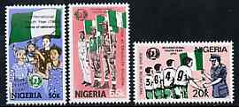 Nigeria 1985 International Youth Year set of 3 unmounted mint, SG 492-94*, stamps on youth   scouts      flags