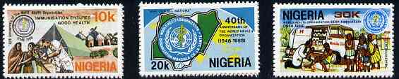 Nigeria 1988 World Health Organisation 40th Anniversary set of 3, SG 555-57 unmounted mint*, stamps on united nations, stamps on  who , stamps on medical, stamps on ambulance