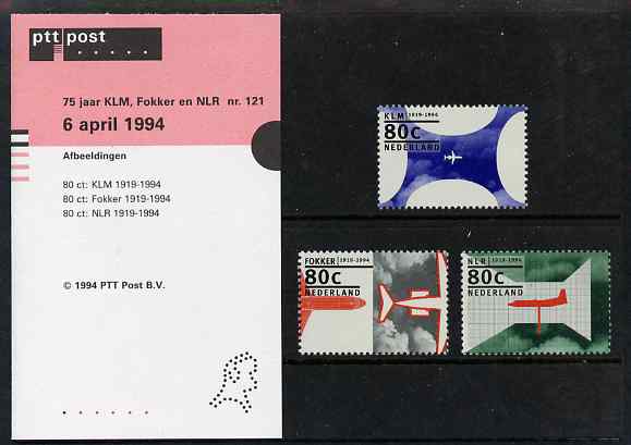Netherlands 1994 Aircraft Industries 75th Anniversary set of 3 in presentation pack, stamps unmounted mint, SG1723-5, stamps on aviation, stamps on fokker