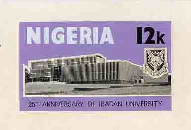 Nigeria 1973 Ibadan University - partly hand-painted artwork for 12k value (University Building) by unknown artist on card size 8.5x5 without endorsements, stamps on education     buildings