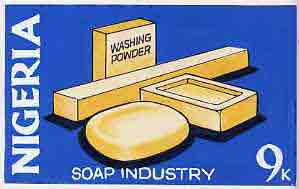 Nigeria - Original artwork essay probably intended for the 1973-74 definitive issue symbolically showing the Soap industry (9k value) in bright colours 8 x 5 on card, stamps on industry     soap