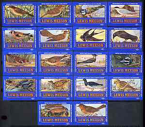 Match Box Labels - complete set of 18 British Birds, superb unused condition (Lewis Meeson), stamps on birds    thrush    warbler    cuckoo    swallow    goldcrest    robin    tern    kestrel    birds of prey    yellow hammer   oyster catcher    corn crake    magpie    kingfisher    gold finch    blue tit   lapwing    jackdaw    chaffinch