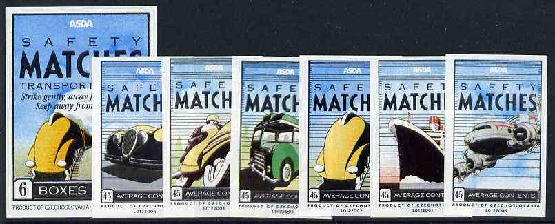 Match Box Labels - complete set of 6 + 1 Transport, superb unused condition (Asda includes packet label), stamps on transport    railways    aviation    buses     motorbikes     cars    ships