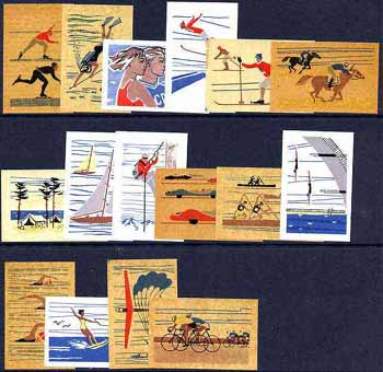 Match Box Labels - complete set of 16 Sports & Pastimes, superb unused condition (Russian), stamps on sport    fishing    skiing    sailing  camping    horses   aqua    canoeing    diving    swimming    water skiing    parachutes    bicycles