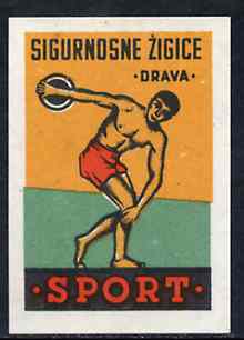 Match Box Label - Discus Throwing superb unused condition from Yugoslavian Sports & Pastimes Drava series, stamps on discus