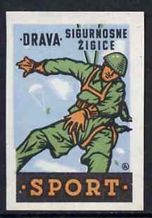 Match Box Label - Parachuting superb unused condition from Yugoslavian Sports & Pastimes Drava series, stamps on parachutes
