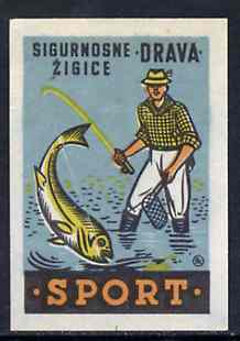 Match Box Label- - Fishing superb unused condition from Yugoslavian Sports & Pastimes Drava series, stamps on fishing