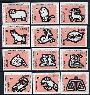 Match Box Labels - complete set of 12 Signs of the Zodiac (set 1 - salmon background) superb unused condition (Portuguese), stamps on space, stamps on astrology, stamps on zodiac, stamps on astronomy, stamps on zodiacs