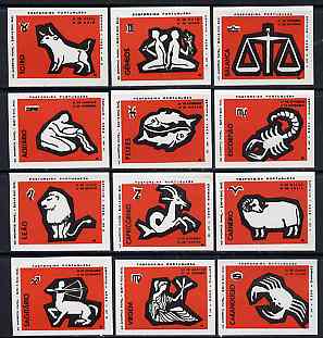 Match Box Labels - complete set of 12 Signs of the Zodiac (set 3 - red background) superb unused condition (Portuguese), stamps on , stamps on  stamps on space, stamps on astrology, stamps on zodiac, stamps on astronomy, stamps on  stamps on zodiacs