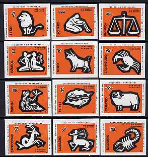 Match Box Labels - complete set of 12 Signs of the Zodiac (set 9 - orange background) superb unused condition (Portuguese), stamps on space, stamps on astrology, stamps on zodiac, stamps on astronomy, stamps on zodiacs