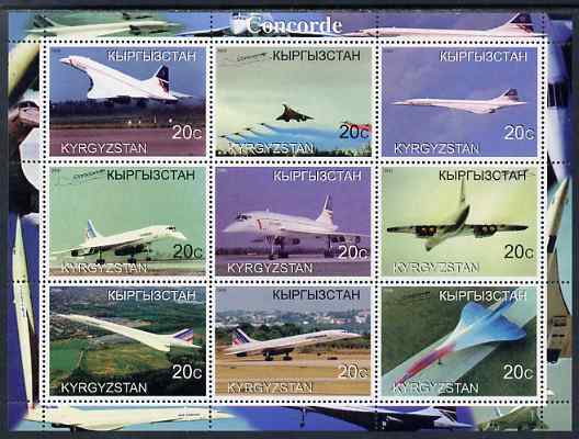 Kyrgyzstan 2000 Concorde perf sheetlet containing set of 9 values unmounted mint, stamps on aviation, stamps on concorde