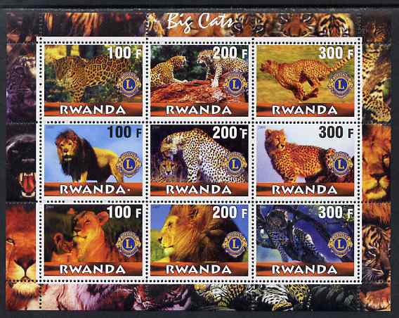 Rwanda 2000 Big Cats perf sheetlet containing complete set of 9 values each with Lions Int Logo unmounted mint, stamps on animals, stamps on cats, stamps on lions, stamps on lions int
