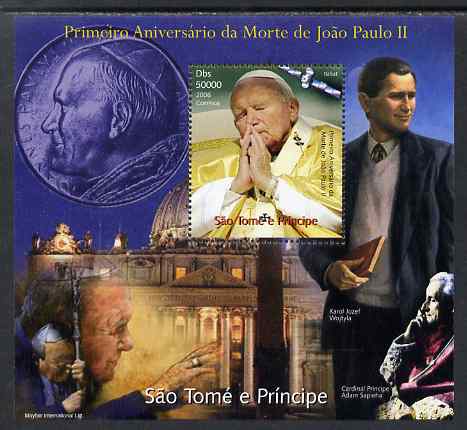 St Thomas & Prince Islands 2006 First Death Anniversary of Pope John Paul II perf s/sheet unmounted mint. Note this item is privately produced and is offered purely on its thematic appeal , stamps on , stamps on  stamps on personalities, stamps on  stamps on pope, stamps on  stamps on religion, stamps on  stamps on popes