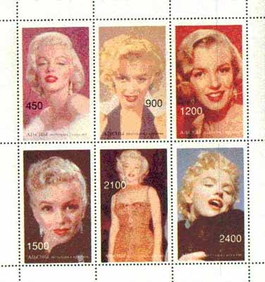 Abkhazia 1997 Marilyn Monroe perf sheetlet containing complete set of 6 values unmounted mint, stamps on music, stamps on entertainments, stamps on women, stamps on films, stamps on marilyn monroe