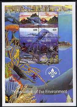 Touva 1997 Preservation of the Environment (Sea Life) deluxe sheet containing set of 4 values optd for Pacific 97 with Rotary opt on stamps & Scout opt in margin (in red)..., stamps on marine-life, stamps on whales, stamps on rotary, stamps on scouts    stamp exhibitions, stamps on knots